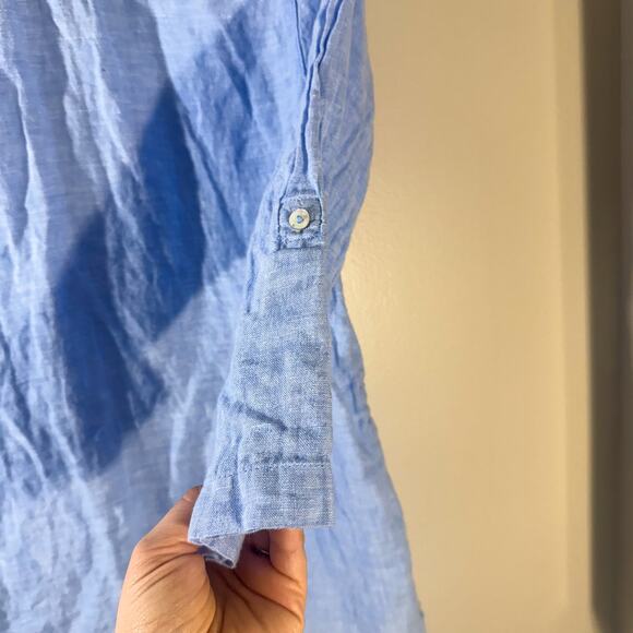 Jones & Co. 100% Linen Sky Blue Tunic Blouse | Roll-Tab Sleeve Popover (Size S) - Picture 2 of 6